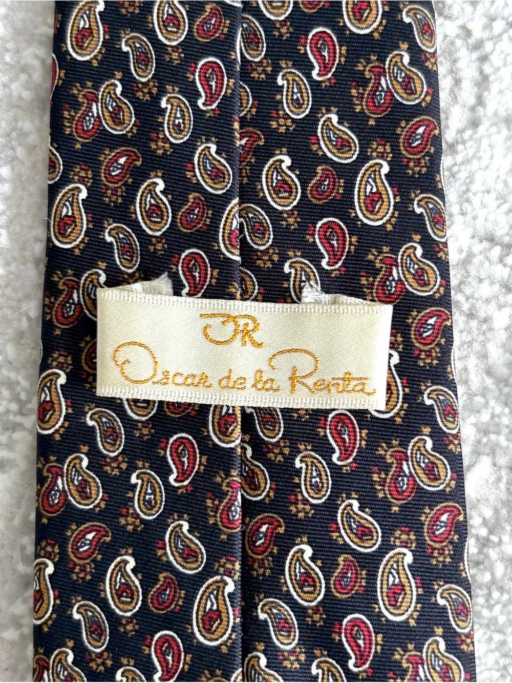 Vintage 89’s Oscar de la Renta Black Silk Paisley Tie with Red & Gold Motifs